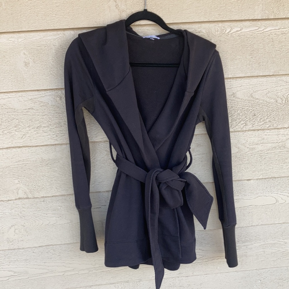 Black Hooded Wrap-Front Women's Top - Picture 2 of 7